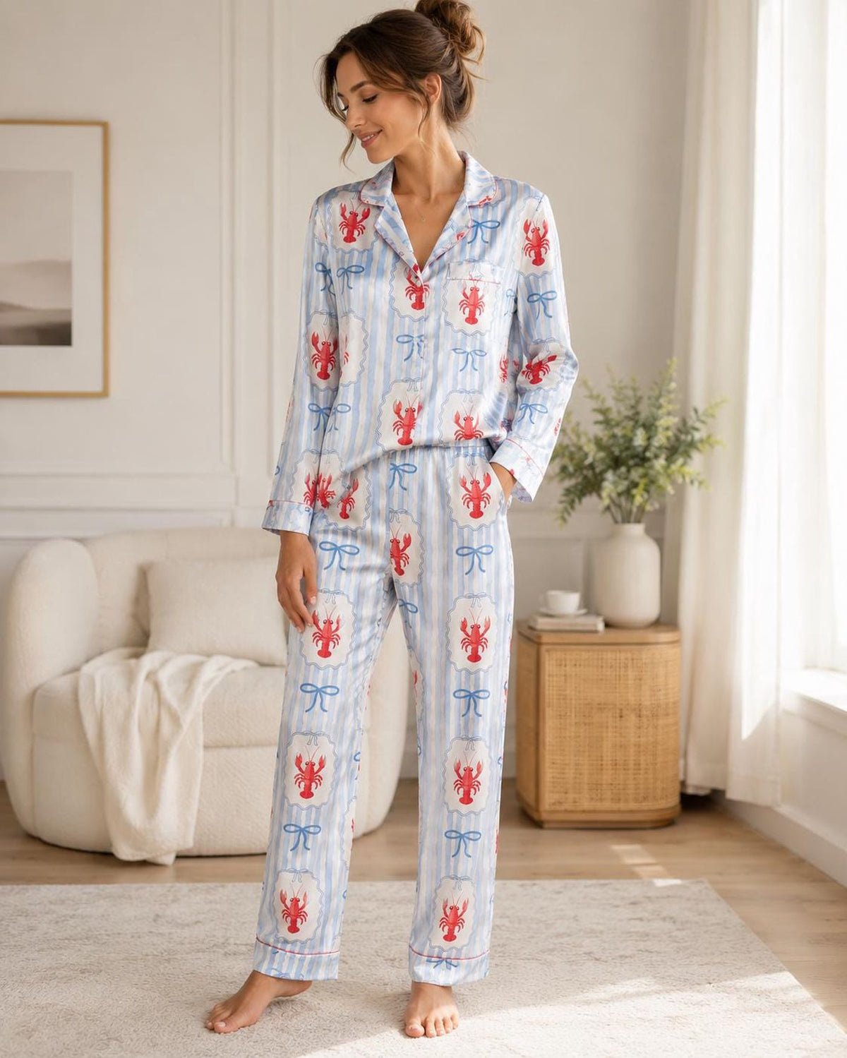 Coastal Beach Lobster Pajamas Set Women s Satin Sleepwear Long & Short Sleeve Lounge Gift