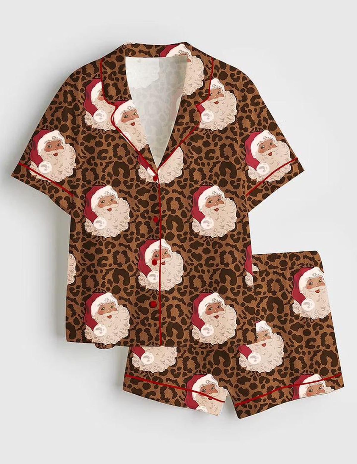 Vintage Christmas Santa Leopard Long Sleeve Satin Pajama Set: Holiday Sleepwear