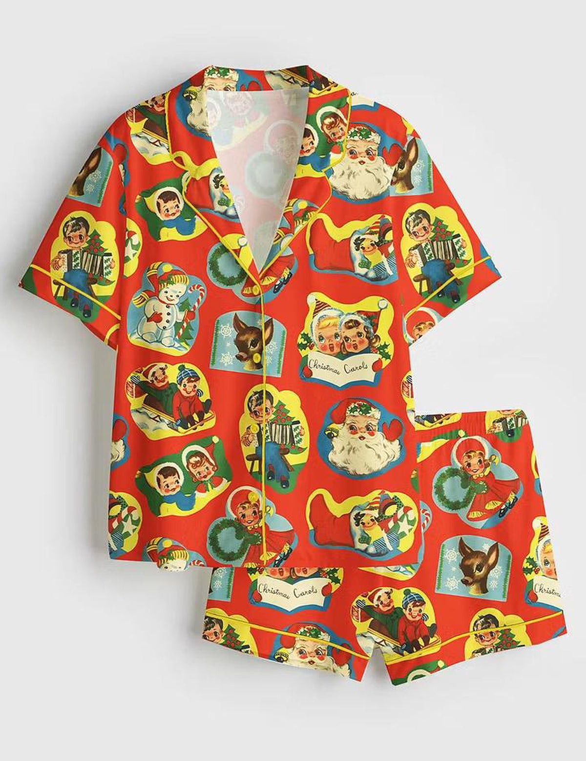 Vintage Kitsch Christmas Pajama Set: Long Sleeve Satin Retro Holiday Sleepwear