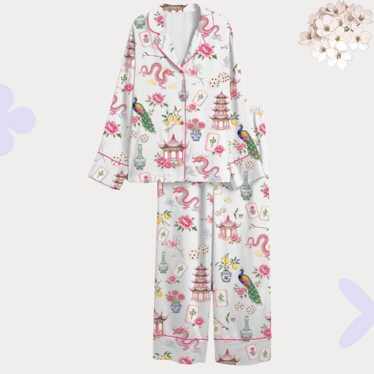 Chinoiserie Mahjong Pajama Set: Dragon Peacock Pagoda Loungewear for Game Night