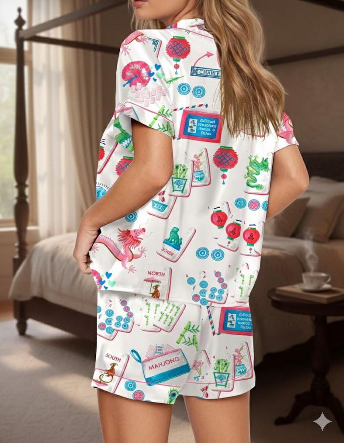 Chinoiserie Tile Pattern Mahjong Print Pajama Set for Women - Stylish Sleepwear