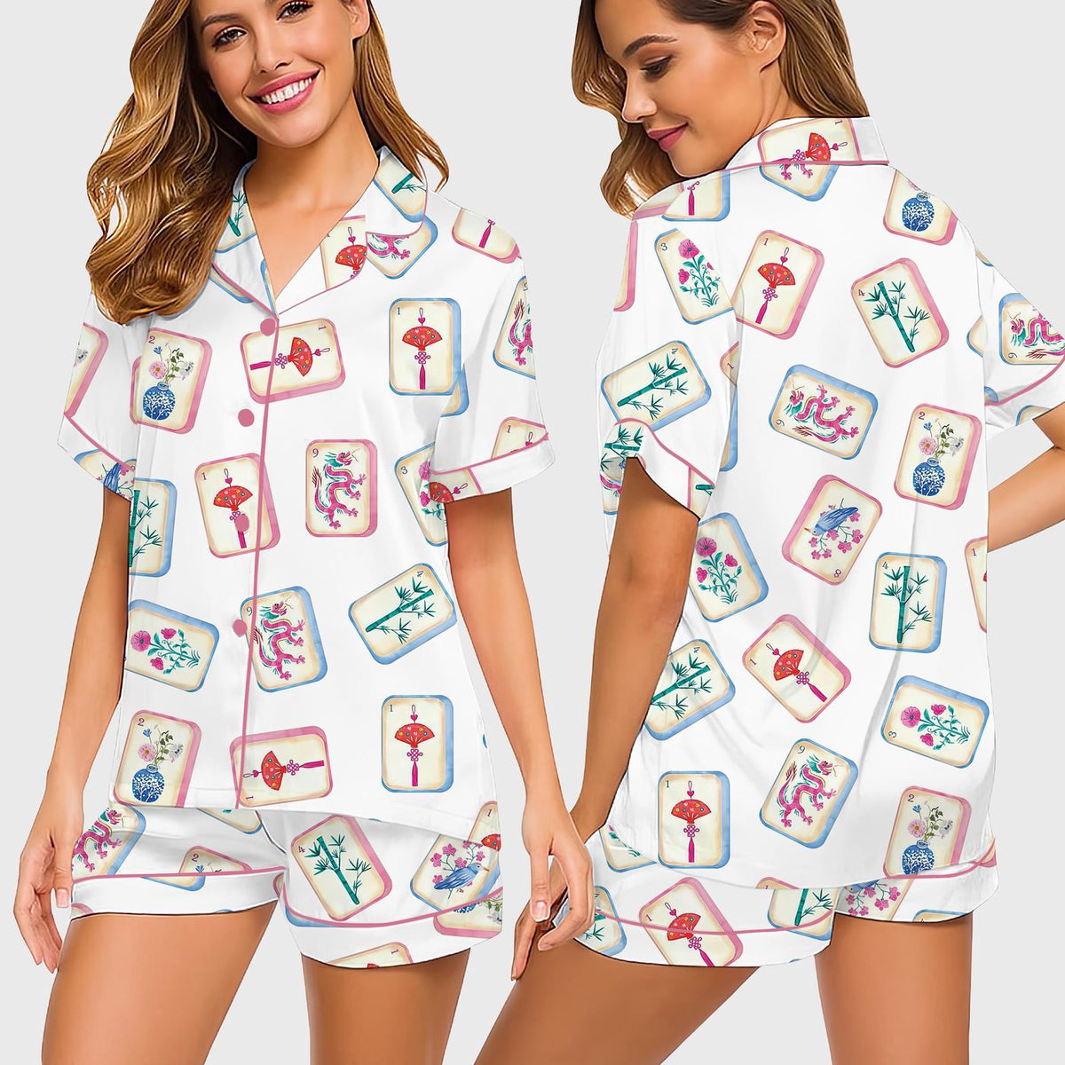 Mahjong Print Women’s Pajama Set - Perfect Gift for Mahjong Lovers