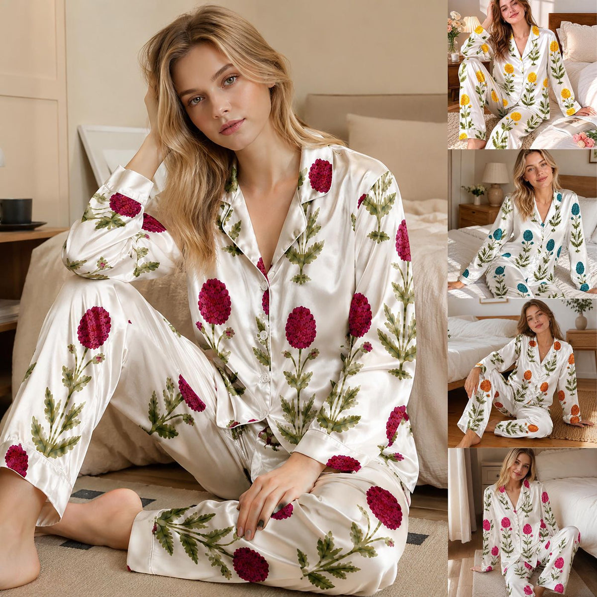 Marigold Floral Satin Pajama Set Botanical Sleepwear Cottagecore Gift