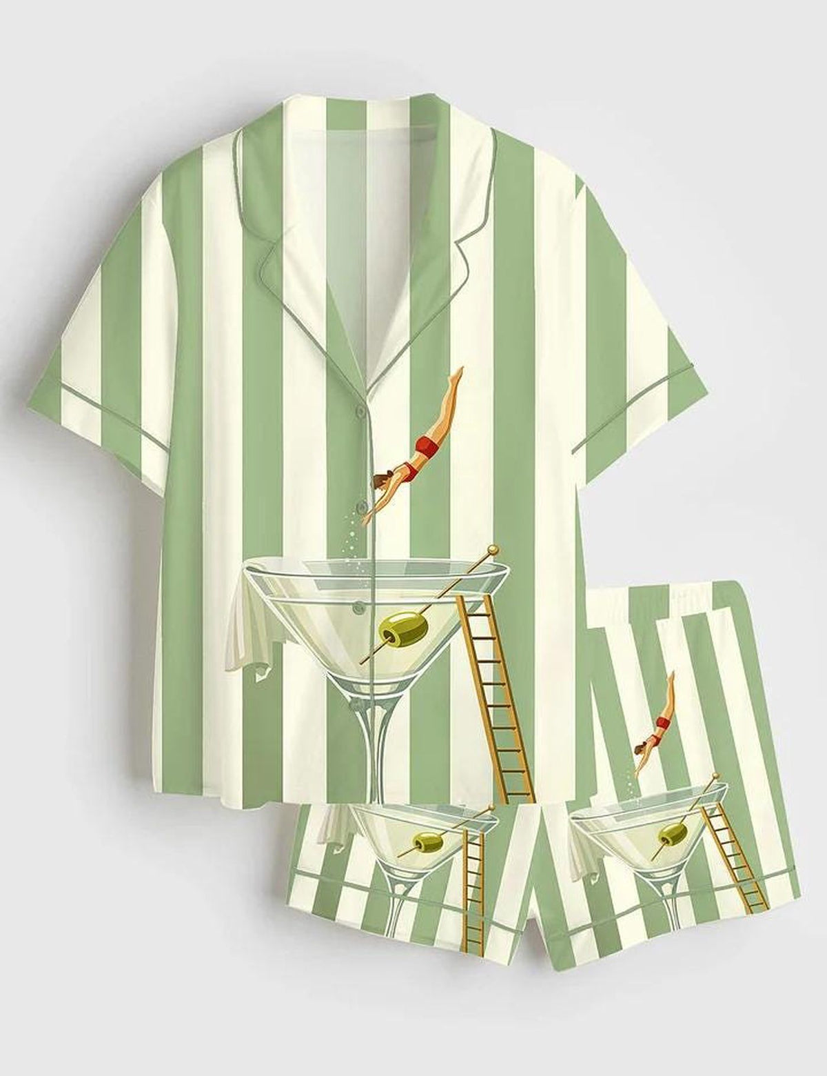 Martini Diver Satin Pajama Set, Retro Cocktail Mid Century Short Sleeve Sleepwear, Silky Vintage Drink PJs, Kitsch Art Loungewear