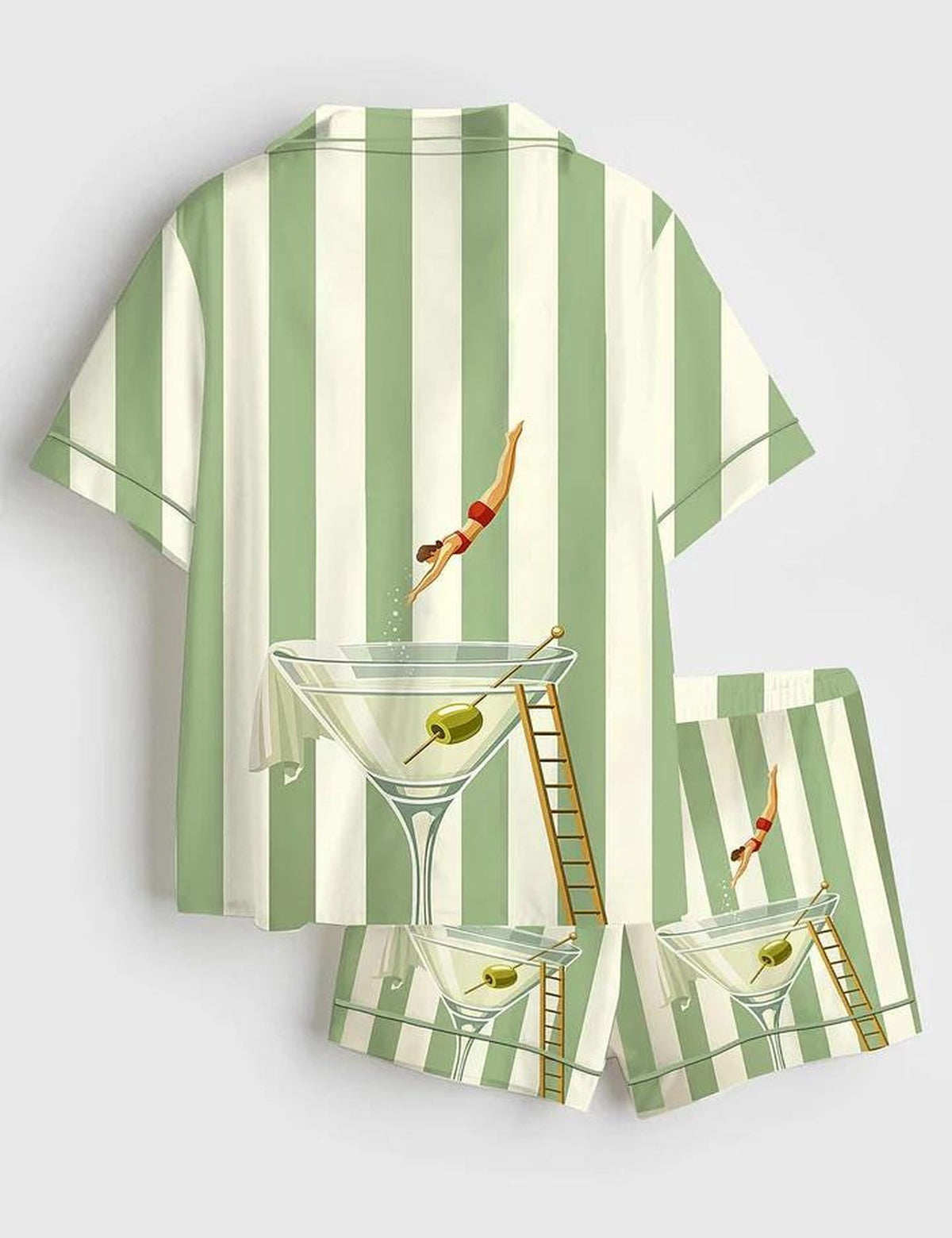 Martini Diver Satin Pajama Set, Retro Cocktail Mid Century Short Sleeve Sleepwear, Silky Vintage Drink PJs, Kitsch Art Loungewear
