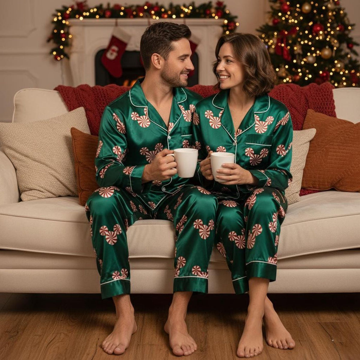 Disney Peppermint Satin Pajamas Mickey Mouse Christmas Sleepwear Women Loungewear