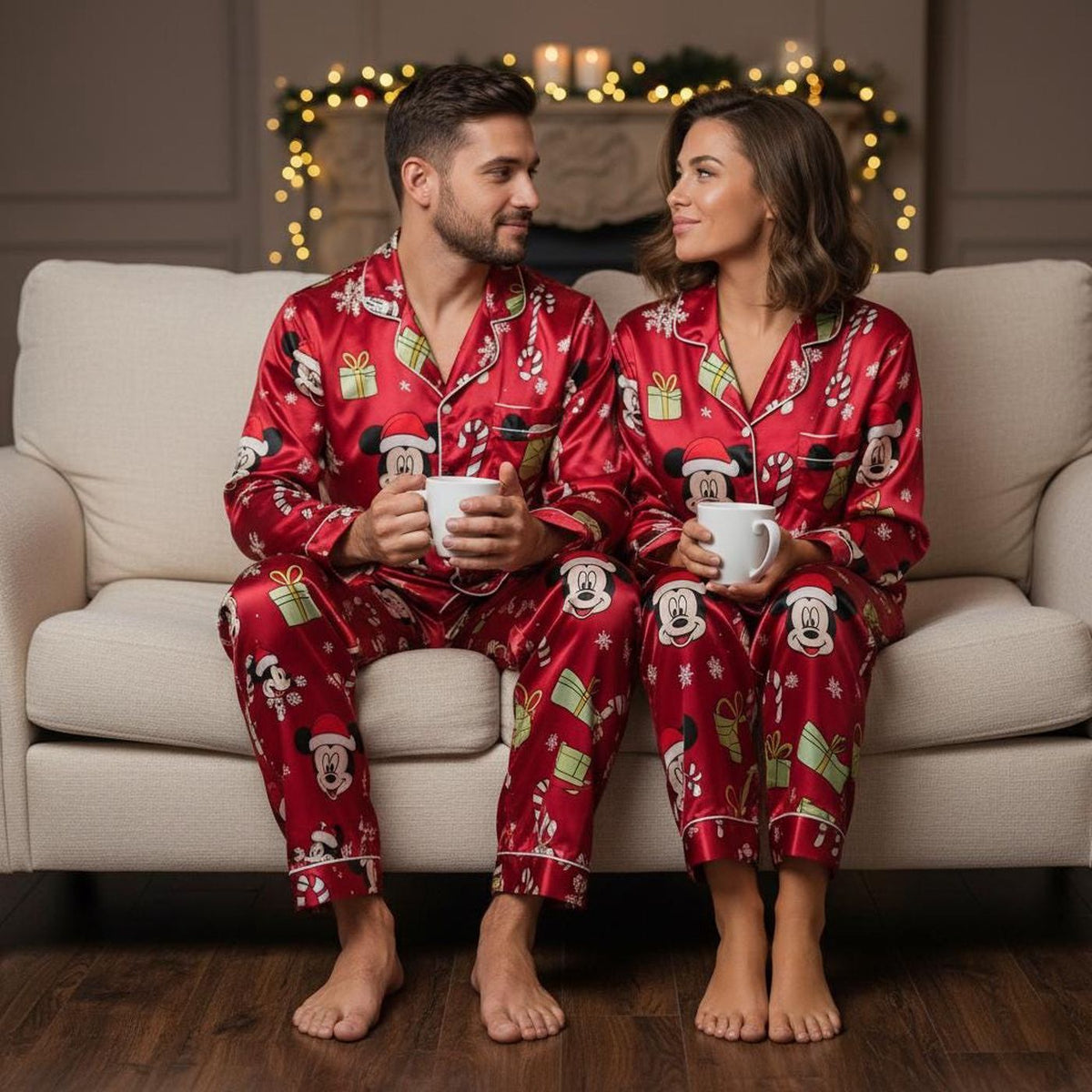 Disney Red Satin Mickey Mouse Christmas Pajamas Family Set Women Holiday Xmas Gift