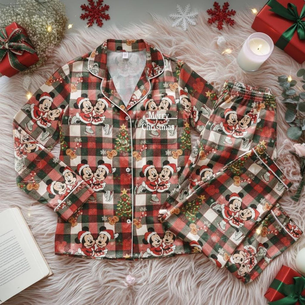 Mickey Minnie Christmas Satin Pajamas Set Family Matching Pjs