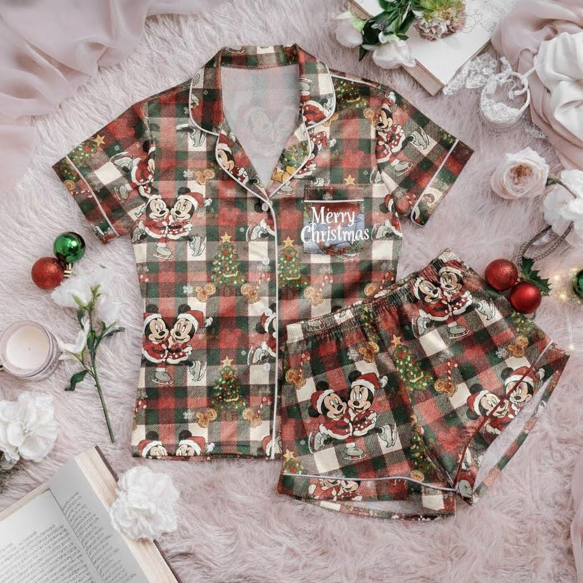 Mickey Minnie Christmas Satin Pajamas Set Family Matching Pjs