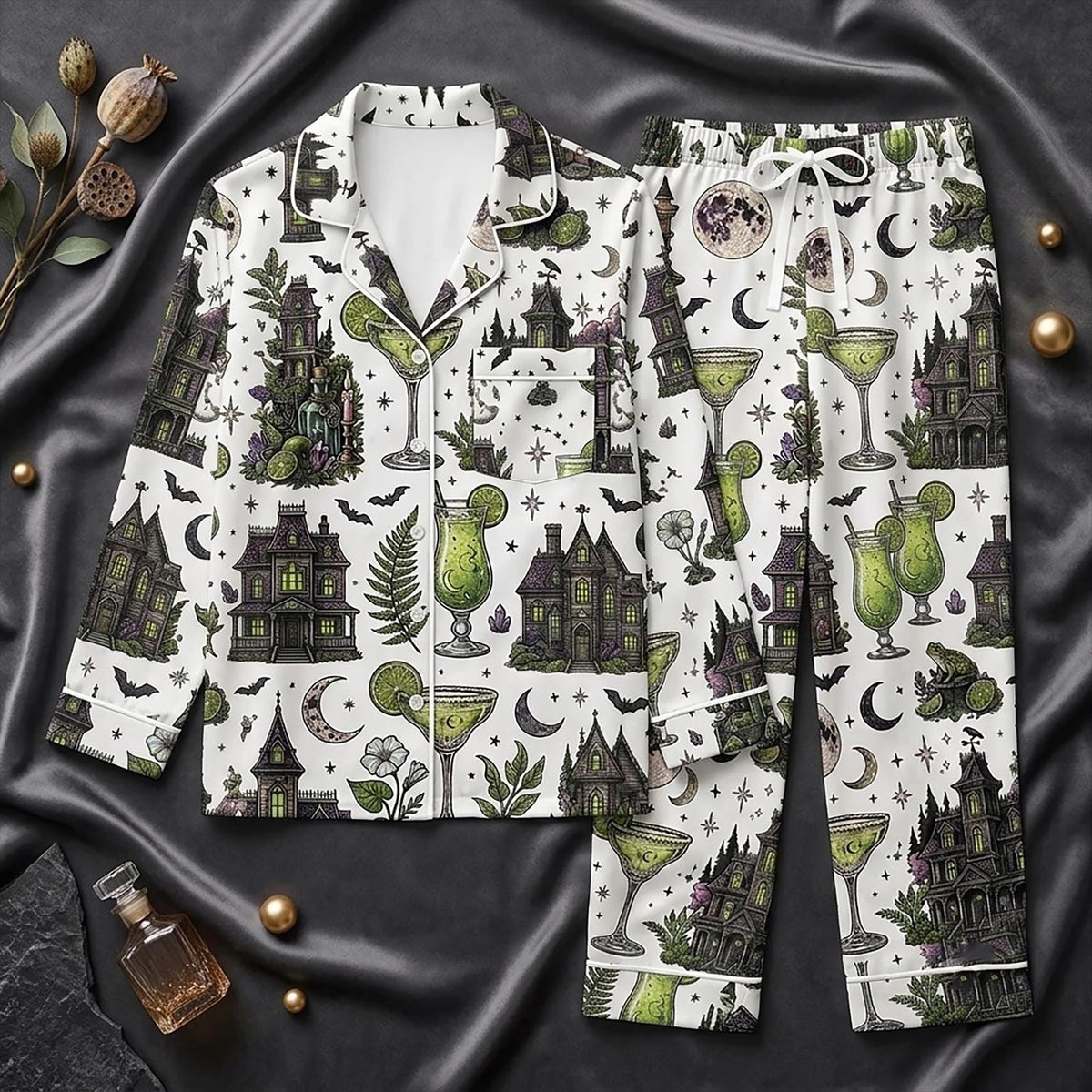 Moonlit Margaritas Pajama Set: Witchy Cocktail Nightwear for Her - Halloween Gift