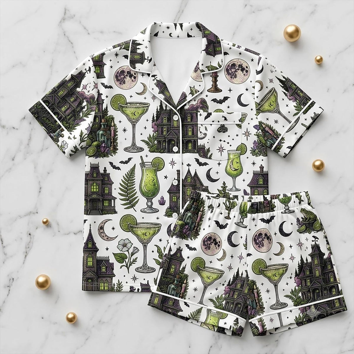 Moonlit Margaritas Pajama Set: Witchy Cocktail Nightwear for Her - Halloween Gift