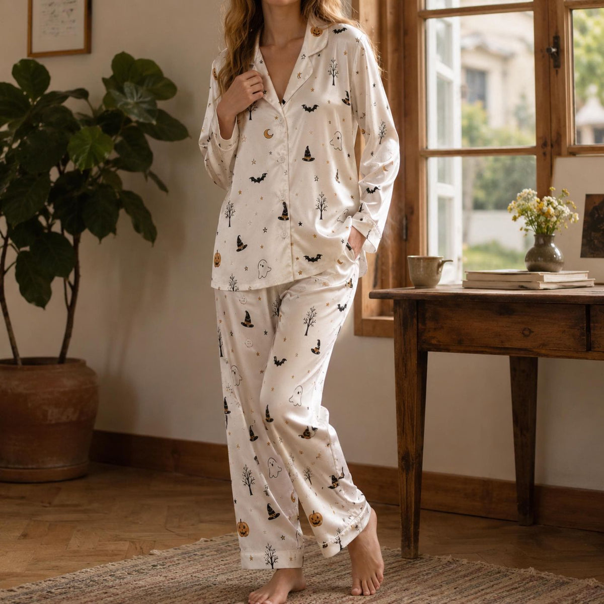 Minimal Ghost Moon Witch Hat Satin Pajama Set for Halloween Sleepwear