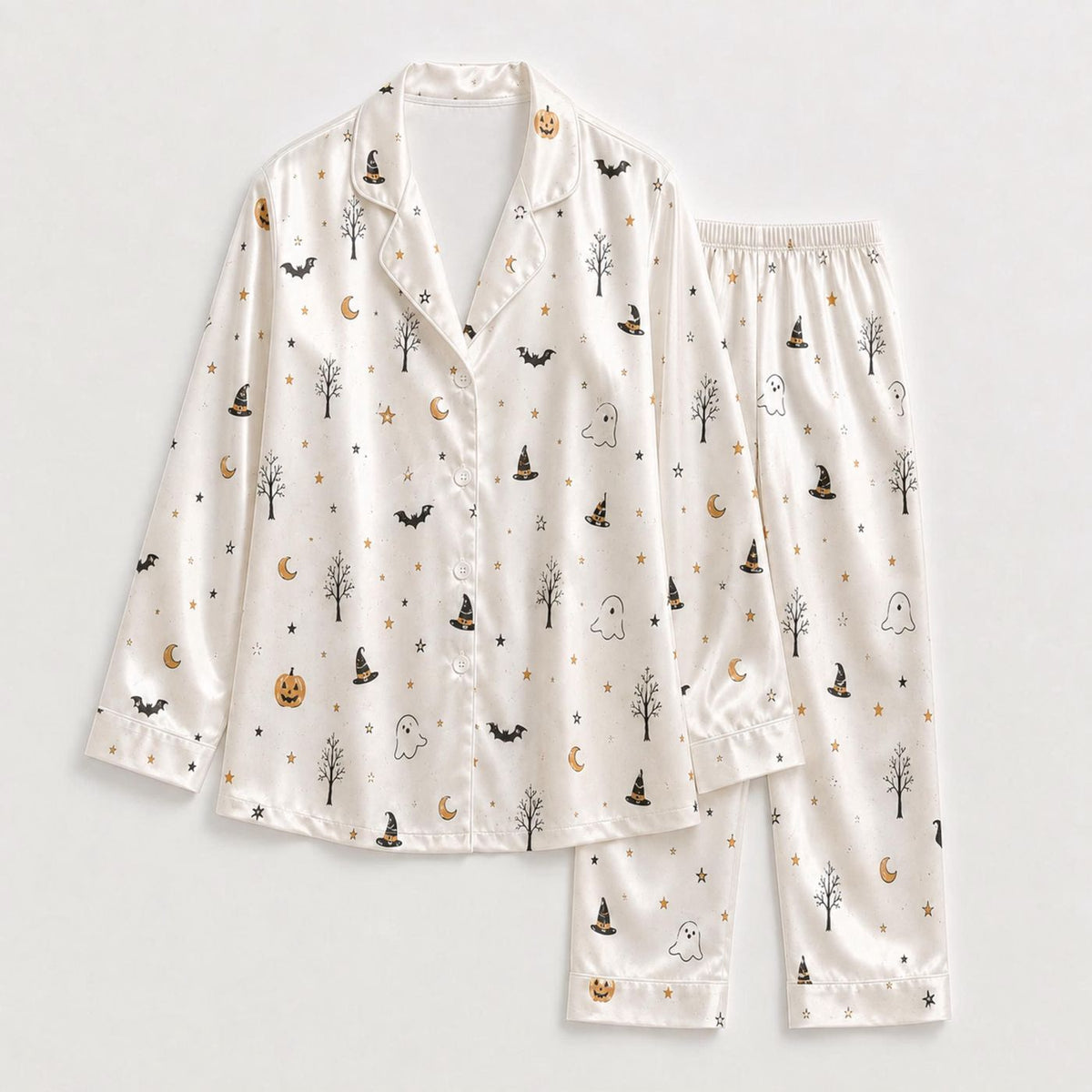 Minimal Ghost Moon Witch Hat Satin Pajama Set for Halloween Sleepwear