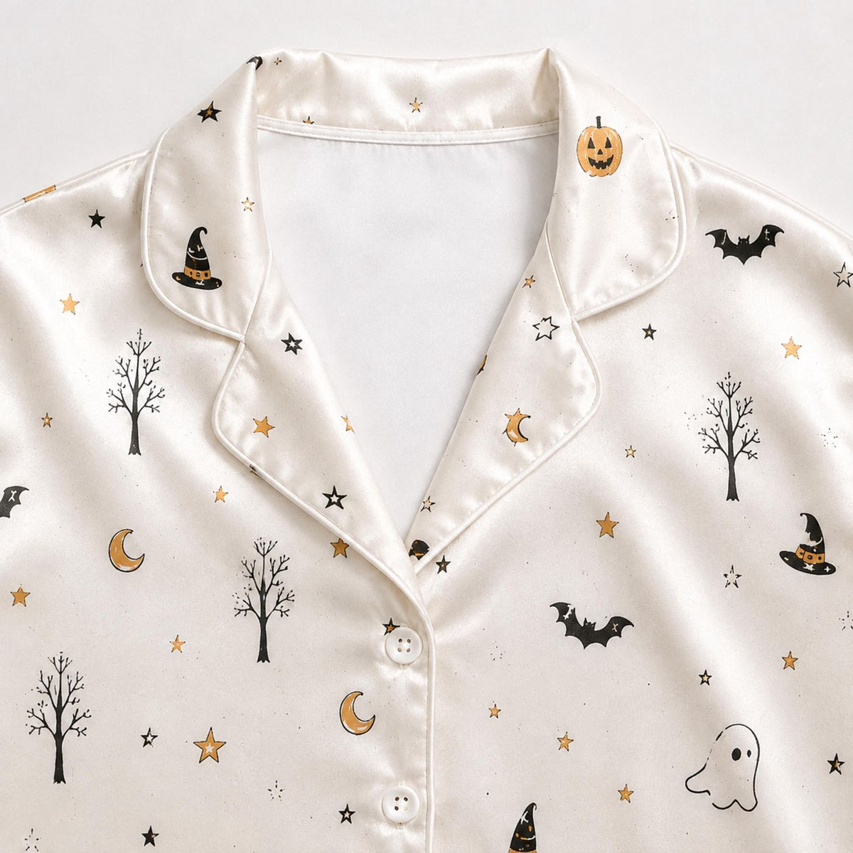 Minimal Ghost Moon Witch Hat Satin Pajama Set for Halloween Sleepwear