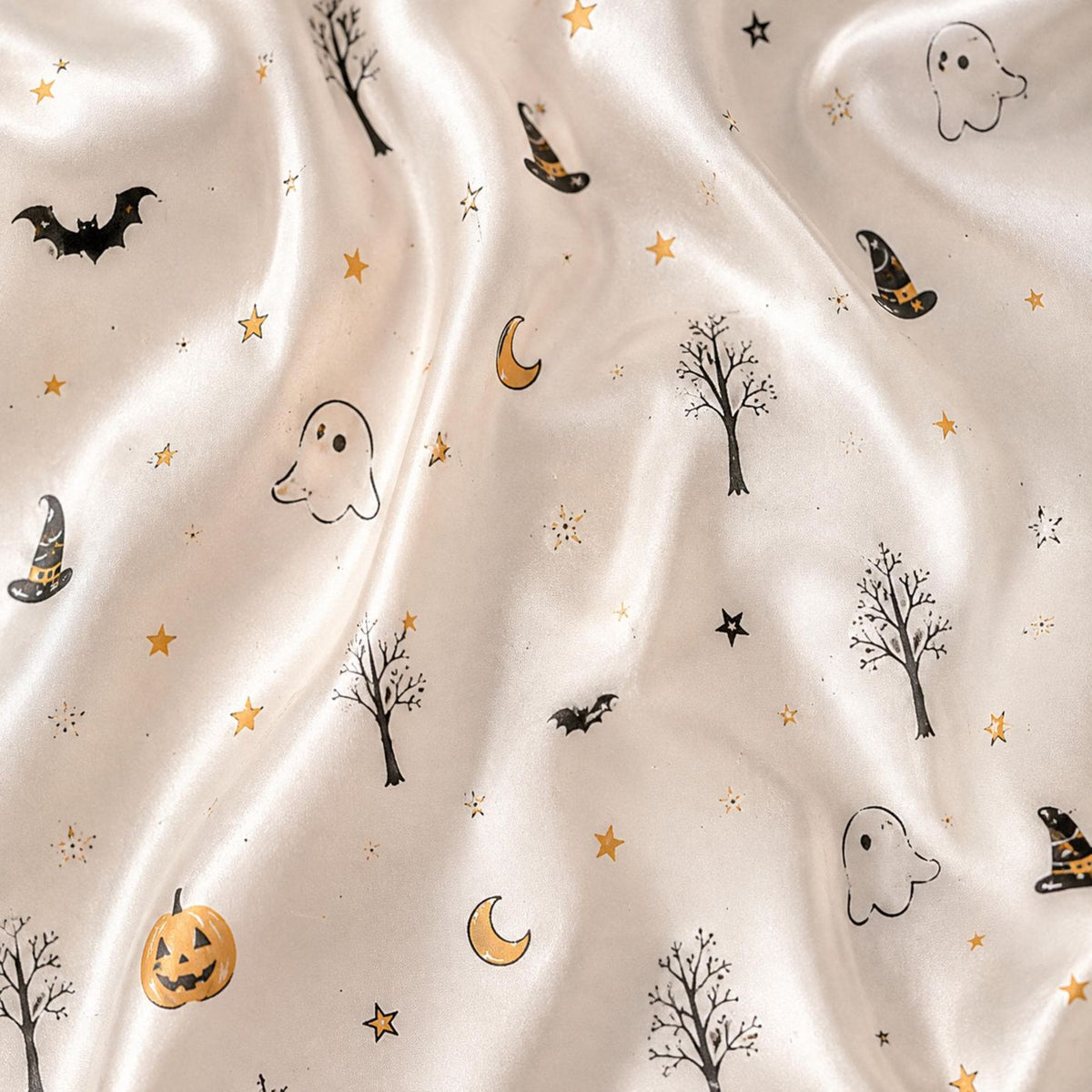 Minimal Ghost Moon Witch Hat Satin Pajama Set for Halloween Sleepwear