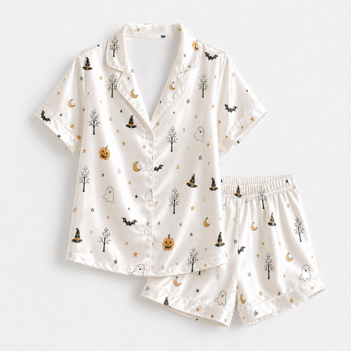 Minimal Ghost Moon Witch Hat Satin Pajama Set for Halloween Sleepwear