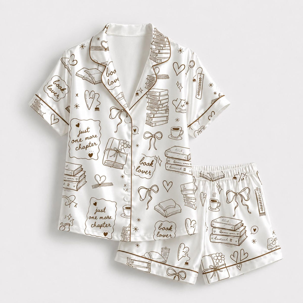 White Satin Loungewear Set with Book Quote & Coffee Cup Print - Minimalist Pajamas