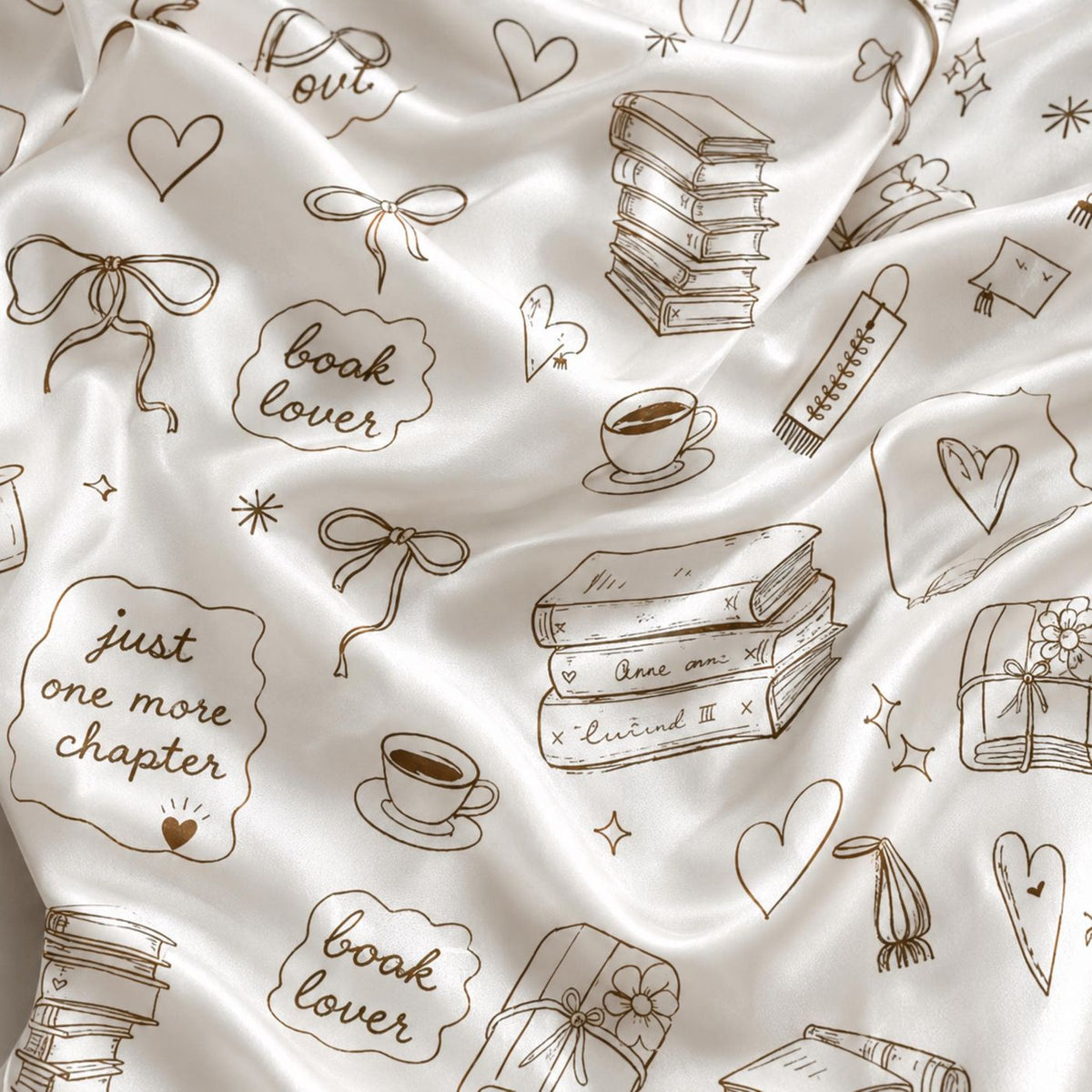 White Satin Loungewear Set with Book Quote & Coffee Cup Print - Minimalist Pajamas