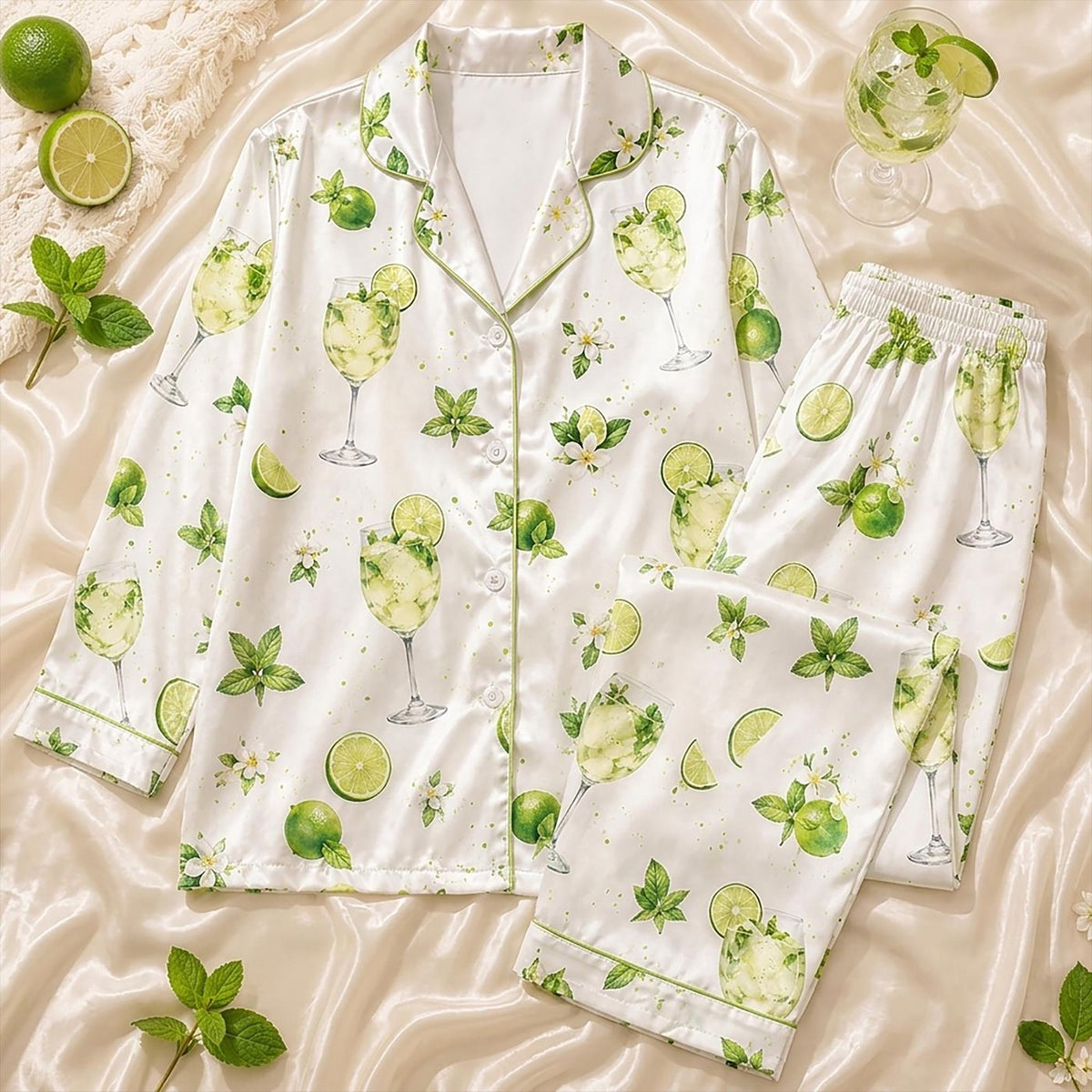 Lime Mint Mojito Cocktail Print Pajama Set - Summer Vacation Gift