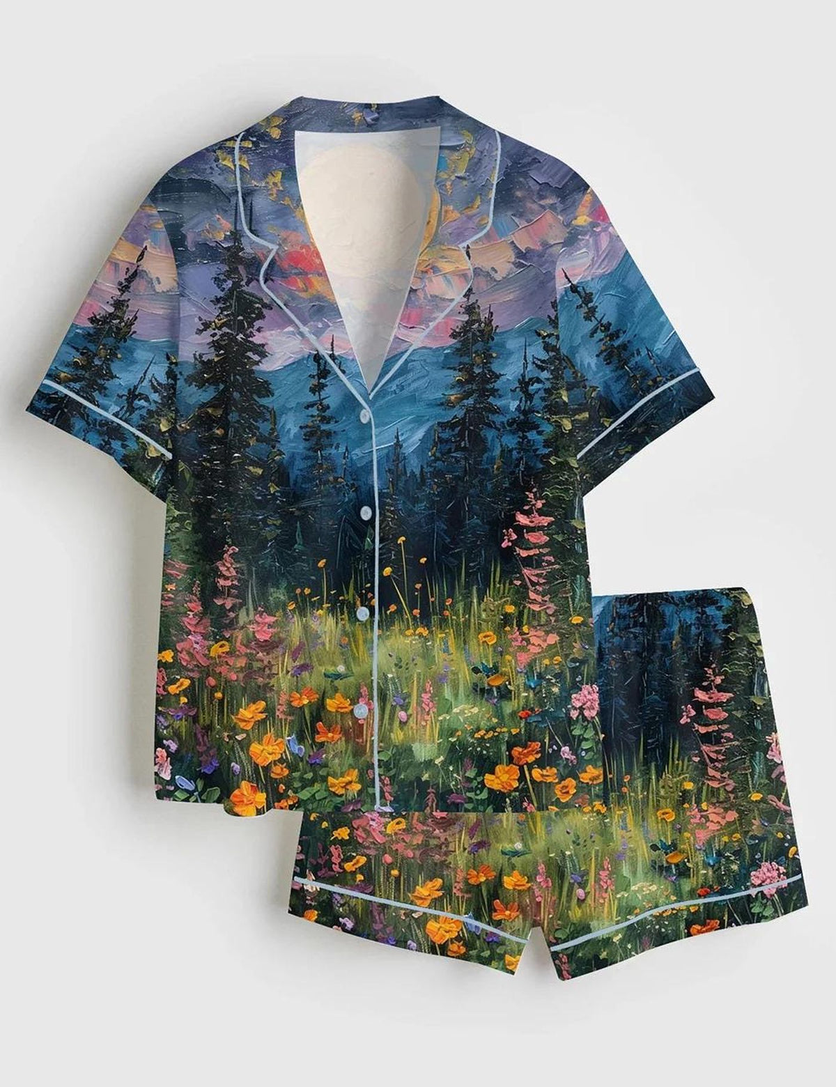 Celestial Moon and Wildflower Satin Pajama Set - Luxury Silk Loungewear for Nature Lovers