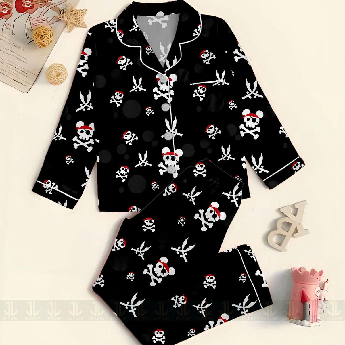 Mouse Skull Pirate Satin Pajamas Set Unisex Long Sleeve Short Styles