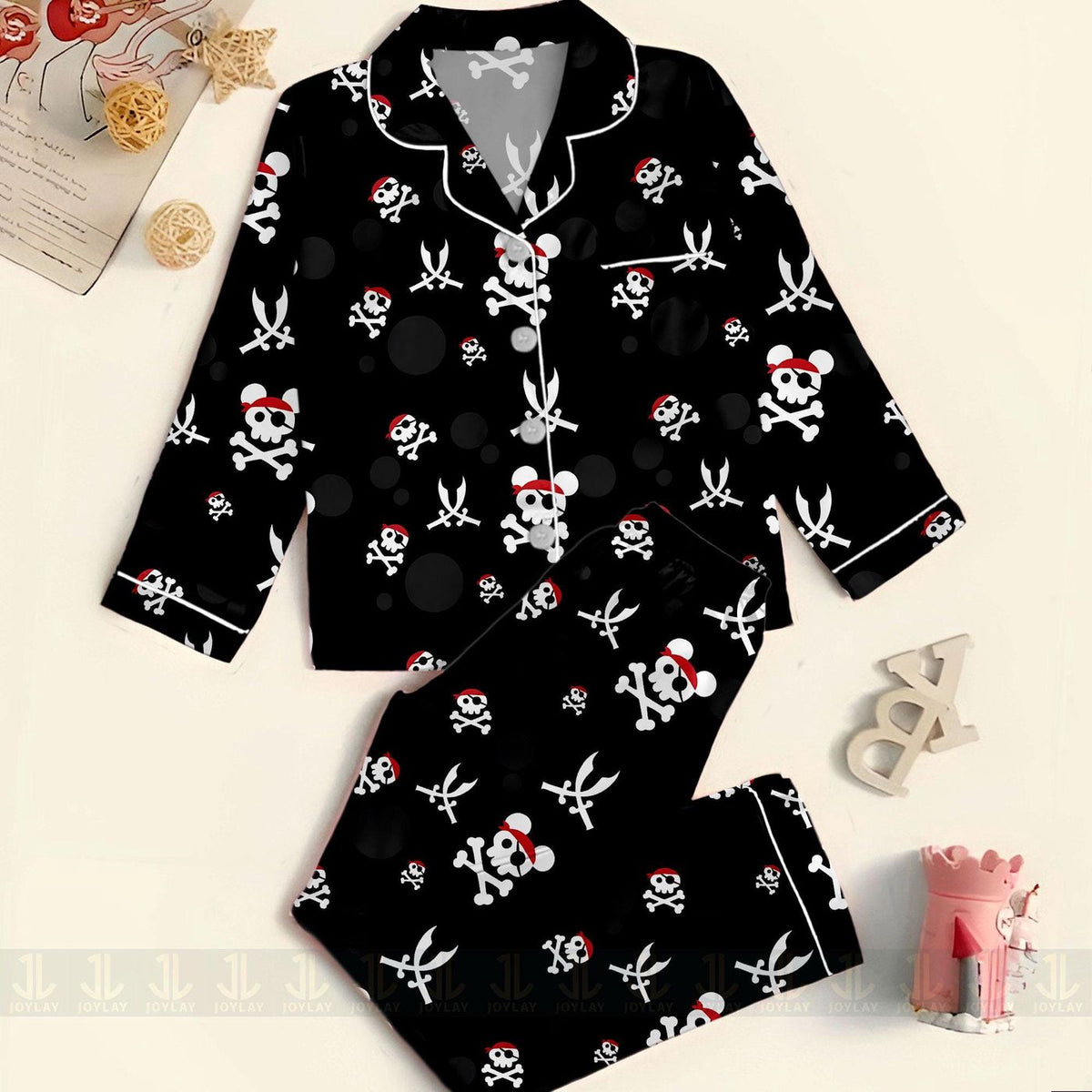 Mouse Skull Pirate Satin Pajamas Set Unisex Long Sleeve Short Styles