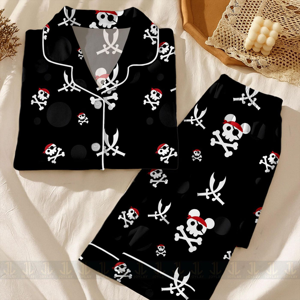 Mouse Skull Pirate Satin Pajamas Set Unisex Long Sleeve Short Styles