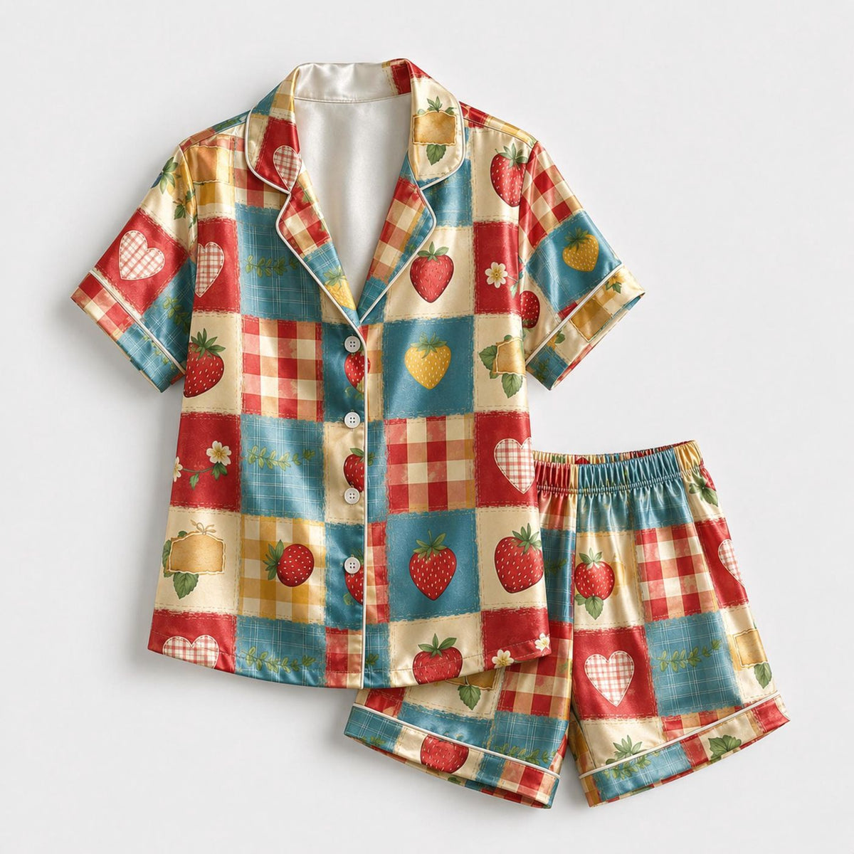 Sweet Multi Strawberry Pajama Set: Gingham Loungewear Sleepwear Collection