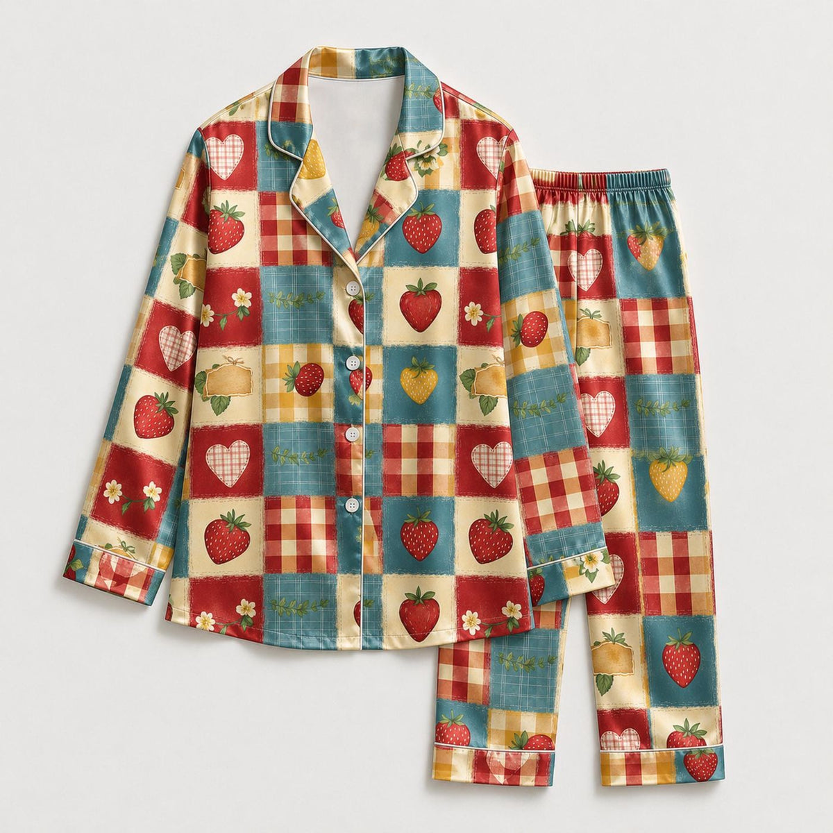 Sweet Multi Strawberry Pajama Set: Gingham Loungewear Sleepwear Collection