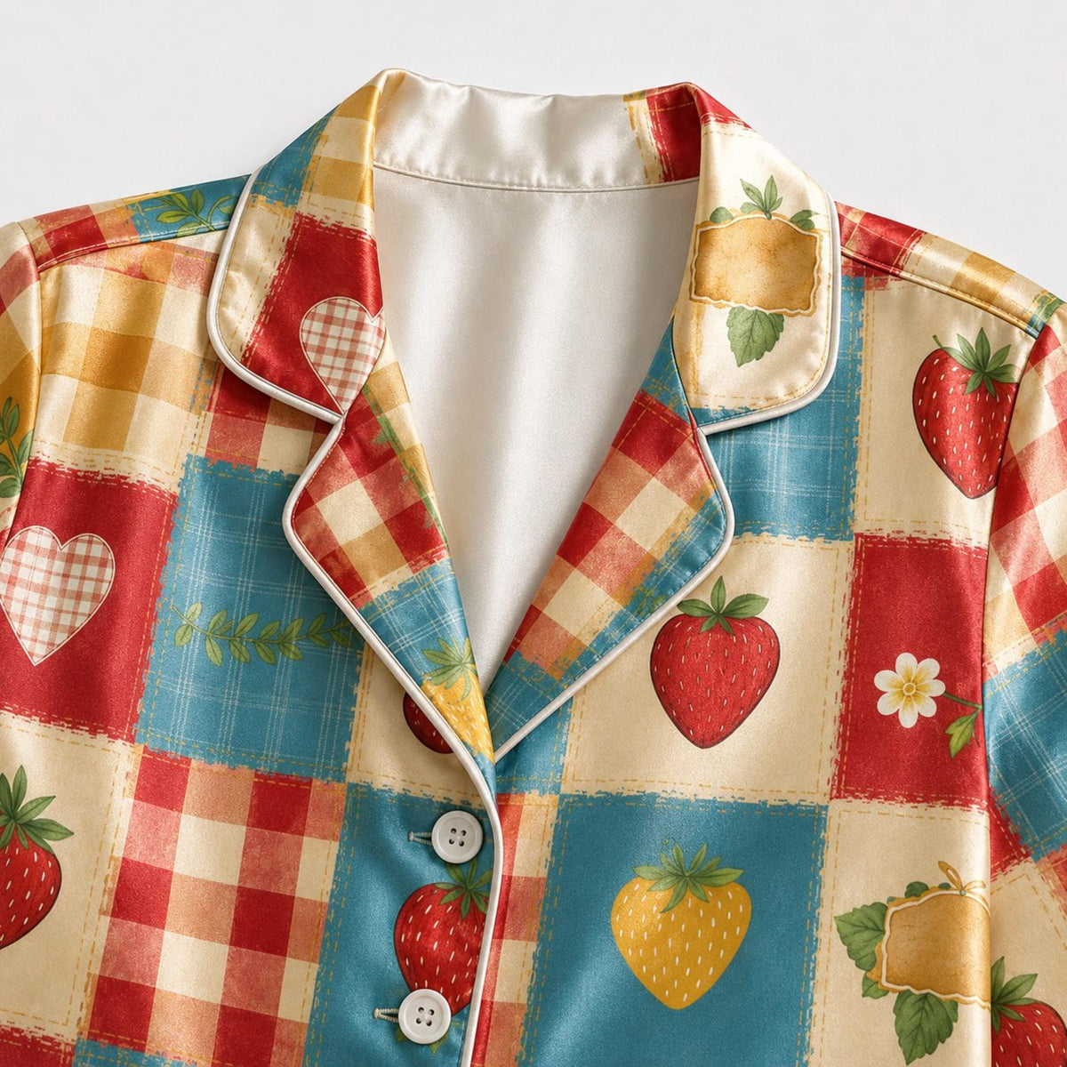 Sweet Multi Strawberry Pajama Set: Gingham Loungewear Sleepwear Collection