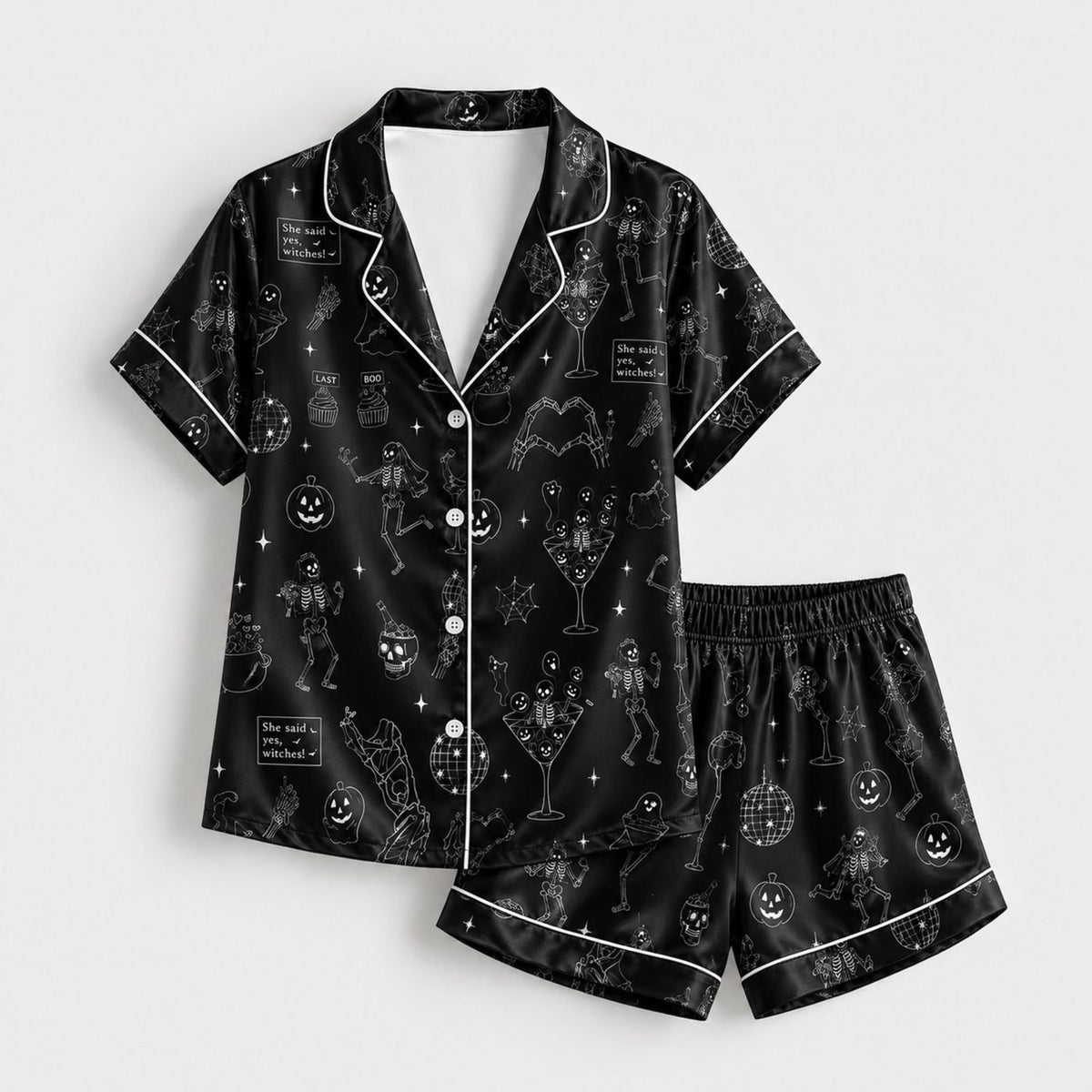 Mystic Halloween Satin Pajama Set: Enchanting Spooky Seasonal Pattern for Cozy Loungewear