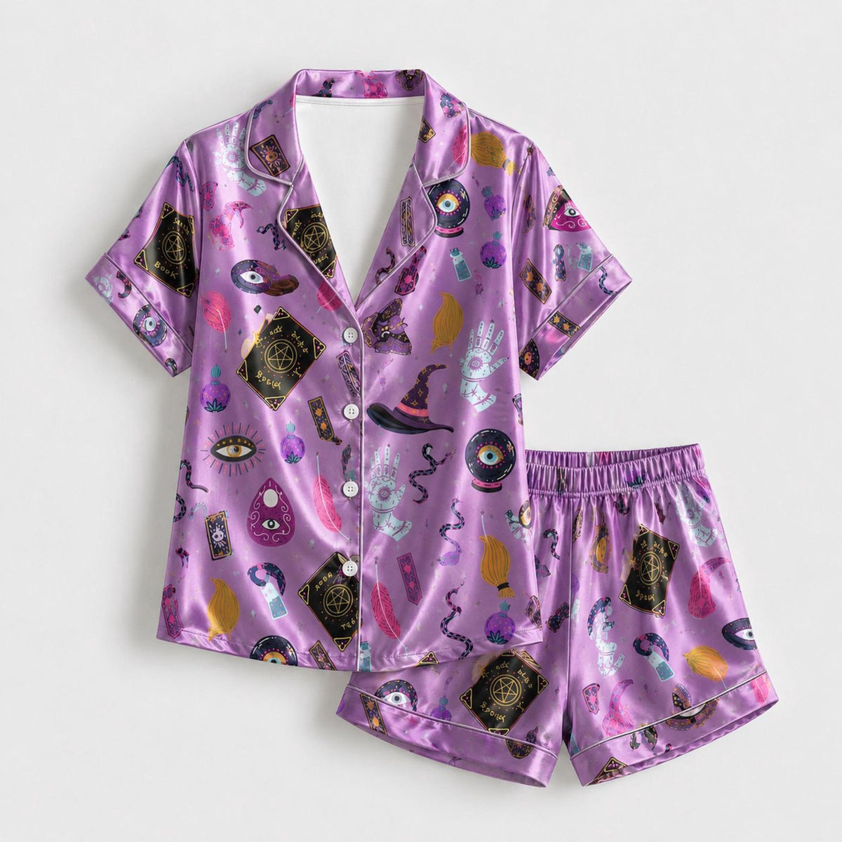 Mystic Halloween Satin Pajama Set: Witchy Symbols & Magical Pattern for Cozy Sleepwear
