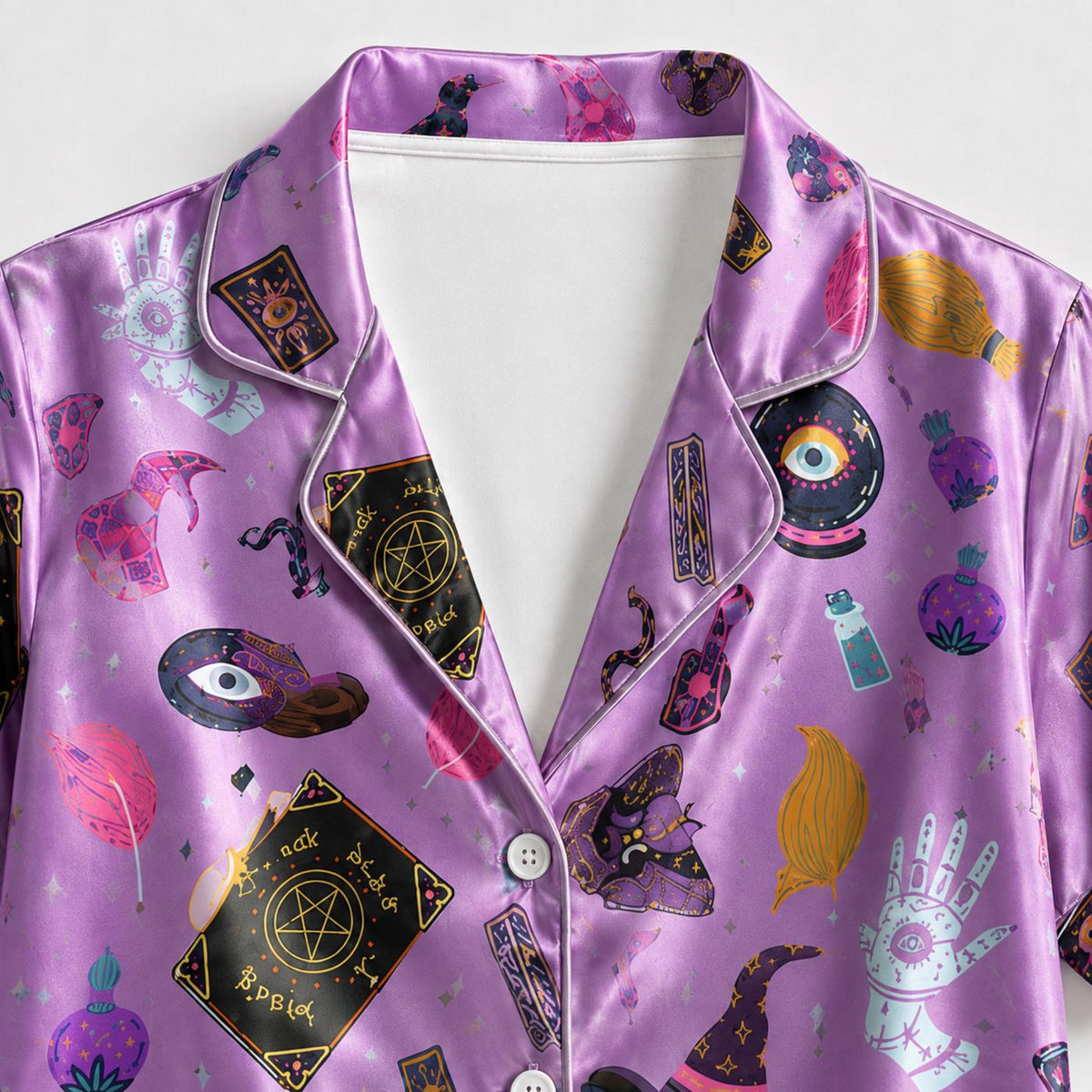 Mystic Halloween Satin Pajama Set: Witchy Symbols & Magical Pattern for Cozy Sleepwear
