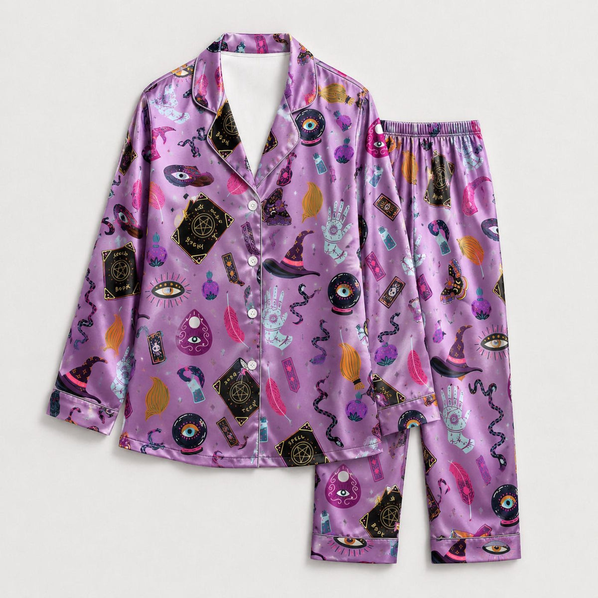 Mystic Halloween Satin Pajama Set: Witchy Symbols & Magical Pattern for Cozy Sleepwear