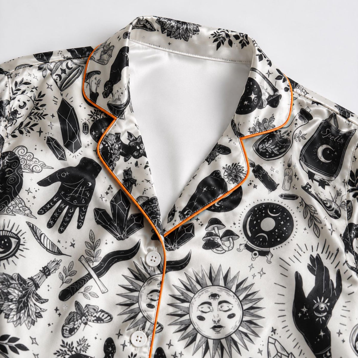 Mystical Black Magic Celestial Sun Moon Cat Print Satin Pajama Set