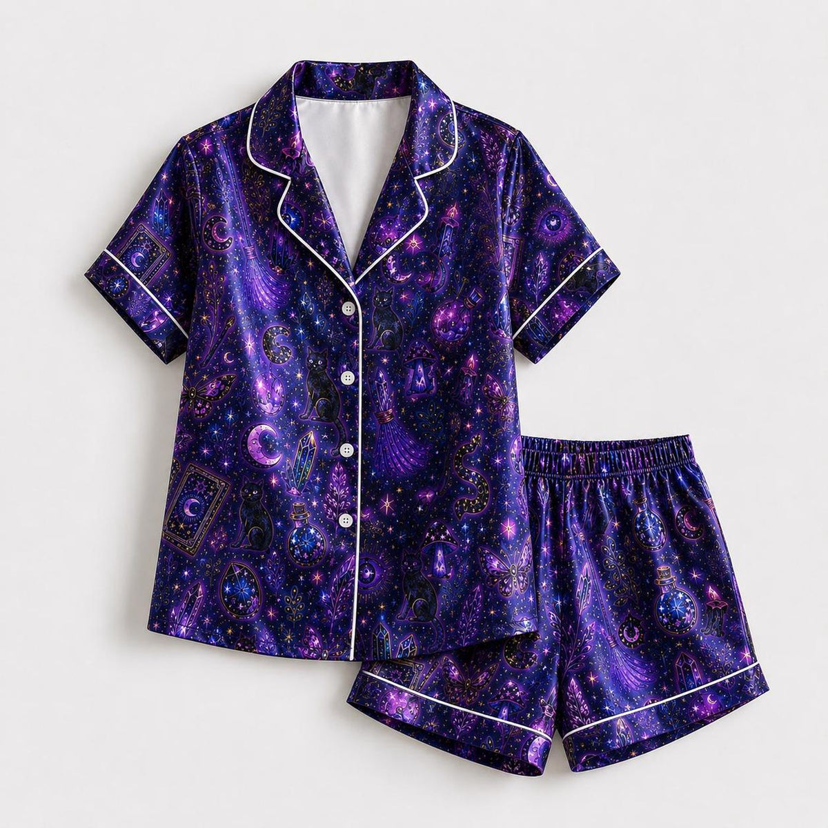 Mystical Celestial Satin Pajama Set with Evil Eyes Crystals Moons Moths and Magical Night Sky Pattern - Cozy Sleepwear