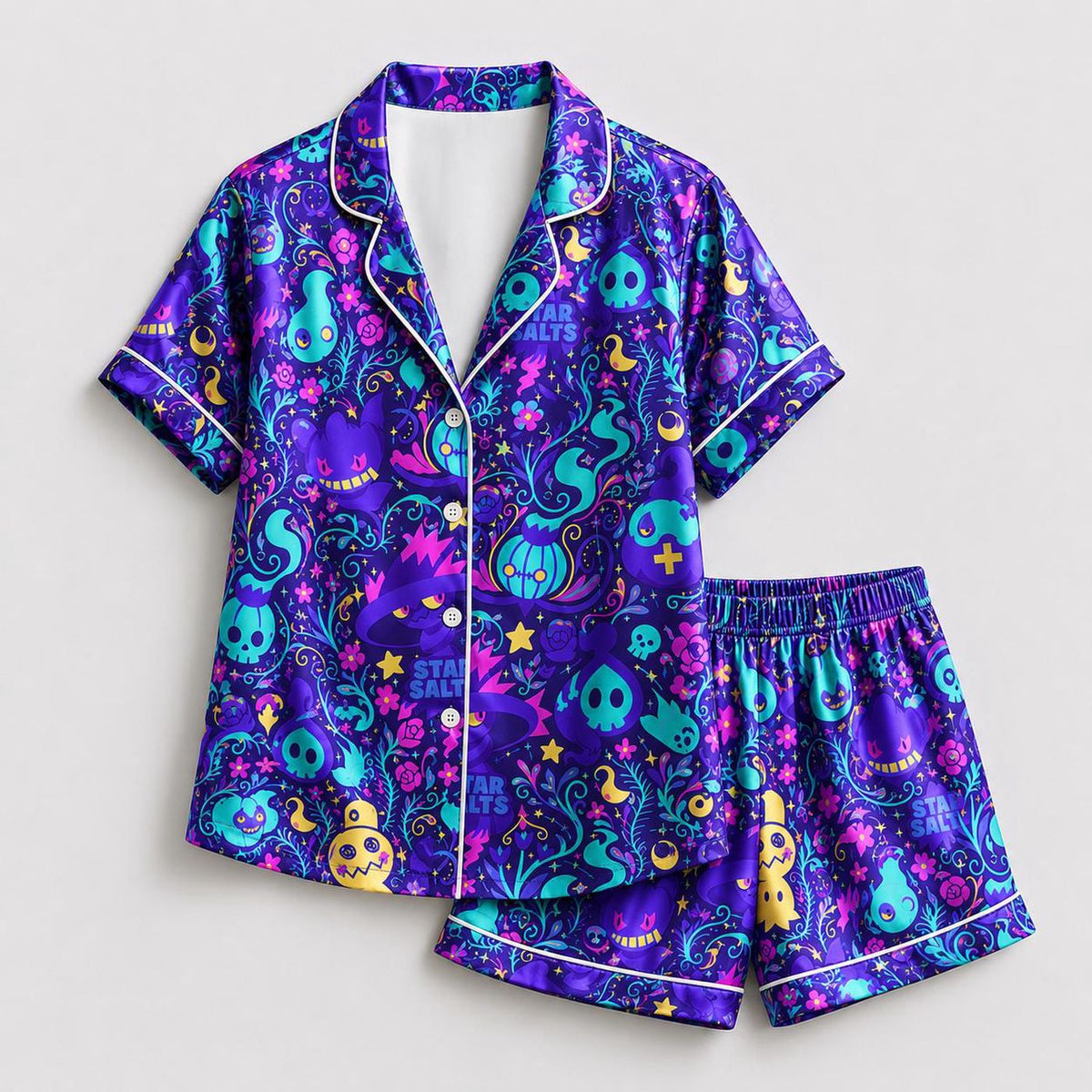 Mystical Purple Cat Satin Pajama Set with Ghosts Skulls Stars Moons - Cozy Fantasy Sleepwear