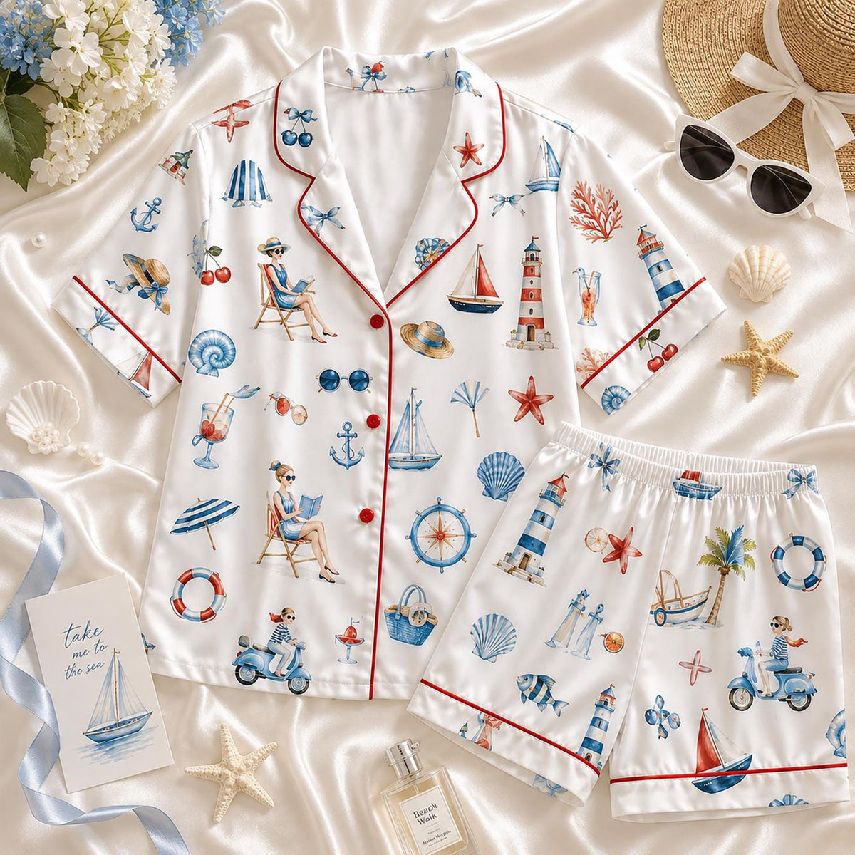 Coastal Beach Sailboat Print Pajama Set - Nautical Lighthouse Loungewear for Summer Vacation
