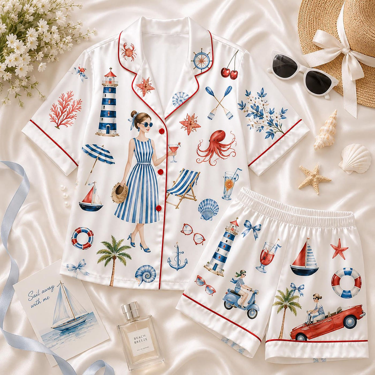 Nautical Satin Pajama Set - Coastal Summer Sleepwear with Lighthouse Beach & Ocean Sailor Print - Perfect Lounge Gift