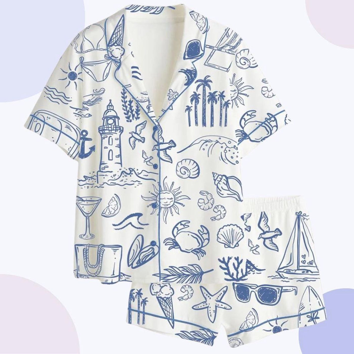 Blue Coastal Nautical Sketch Pajama Set: Summer Sleepwear