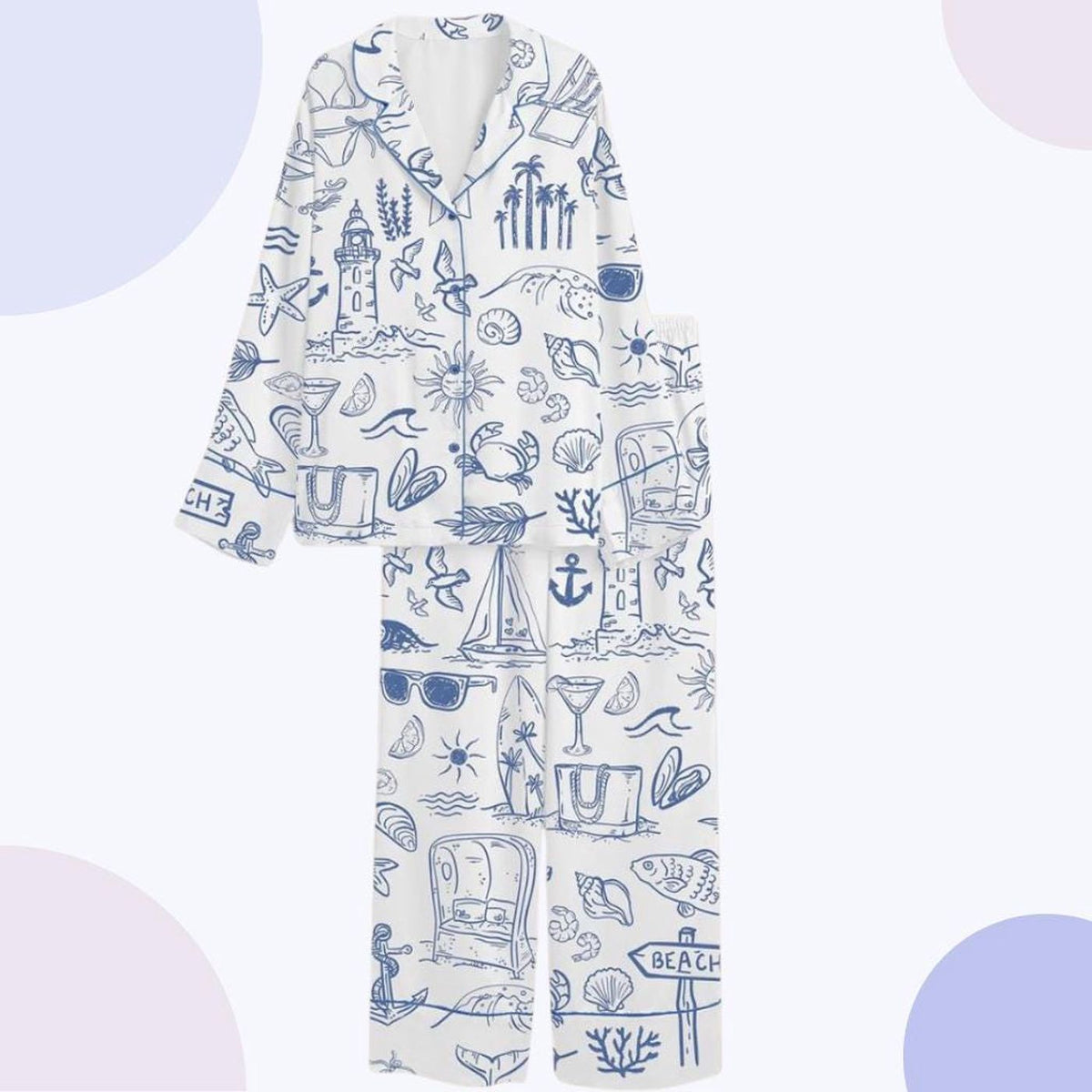 Blue Coastal Nautical Sketch Pajama Set: Summer Sleepwear