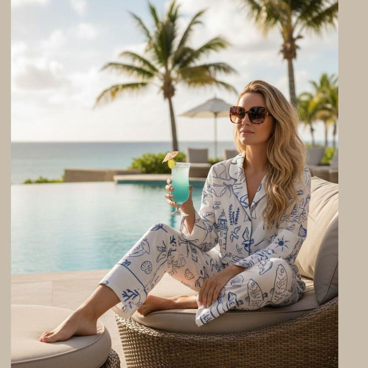 Blue Coastal Nautical Sketch Pajama Set: Summer Sleepwear
