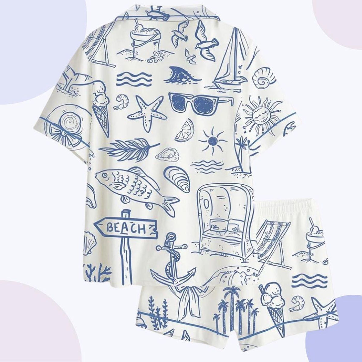 Blue Coastal Nautical Sketch Pajama Set: Summer Sleepwear