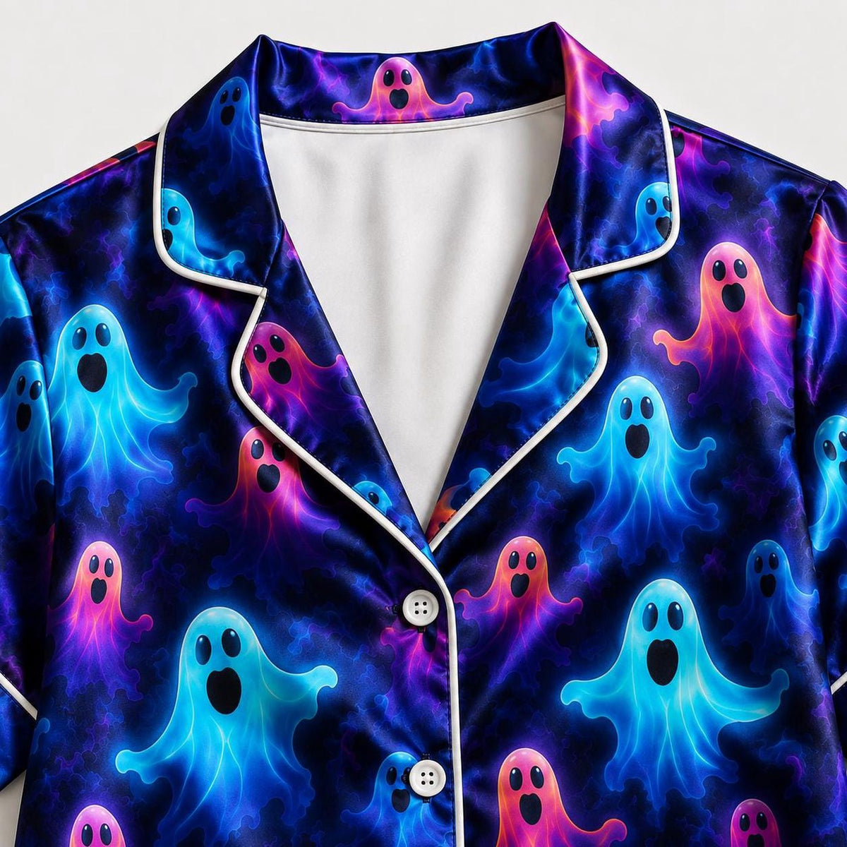 Neon Ghost Halloween Pajama Set Blue Purple Spirit Sleepwear