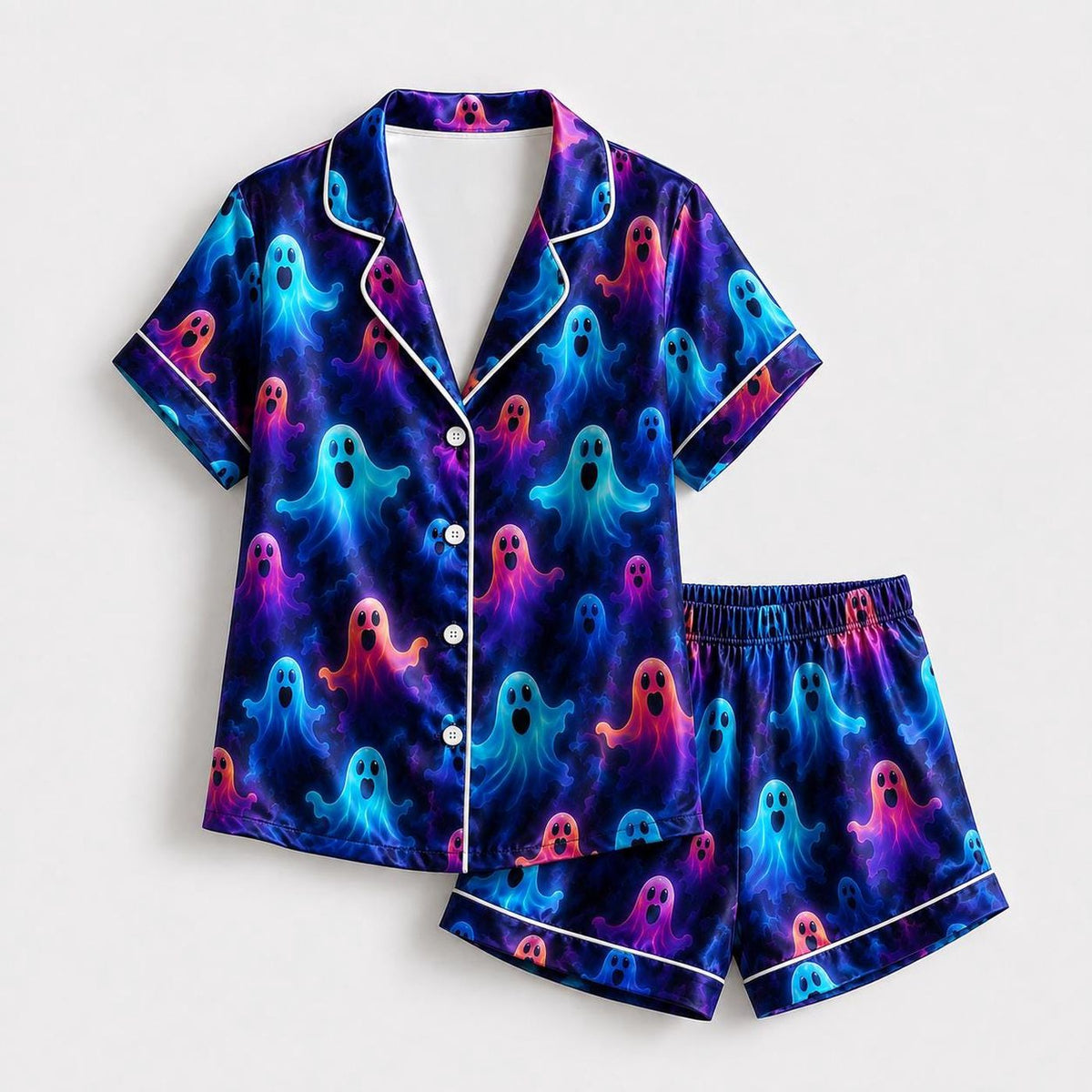Neon Ghost Halloween Pajama Set Blue Purple Spirit Sleepwear