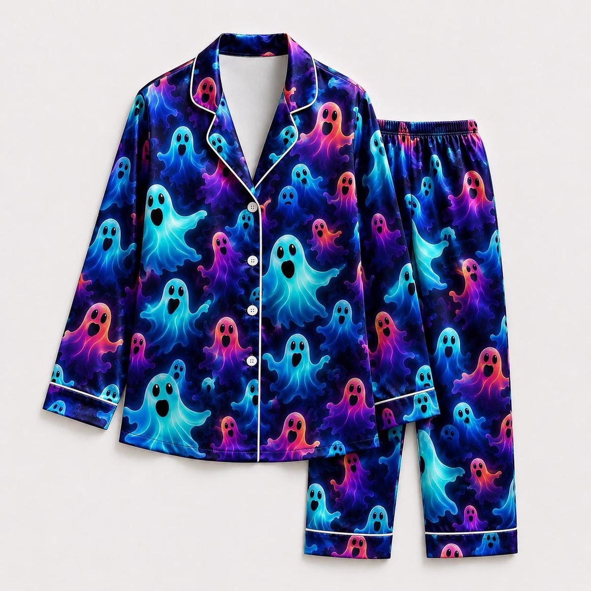 Neon Ghost Halloween Pajama Set Blue Purple Spirit Sleepwear