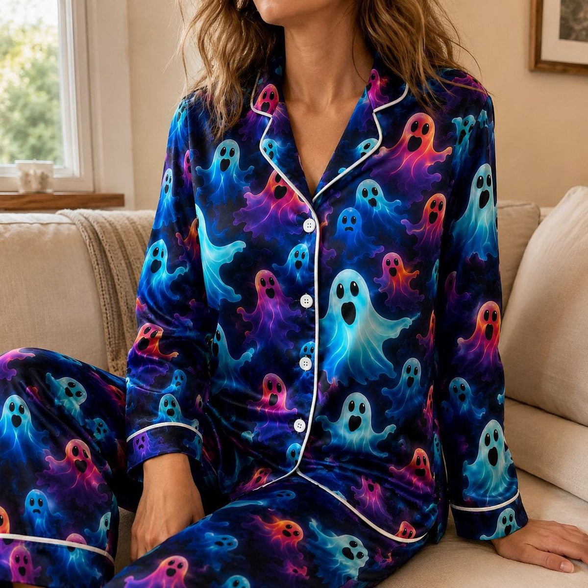 Neon Ghost Halloween Pajama Set Blue Purple Spirit Sleepwear