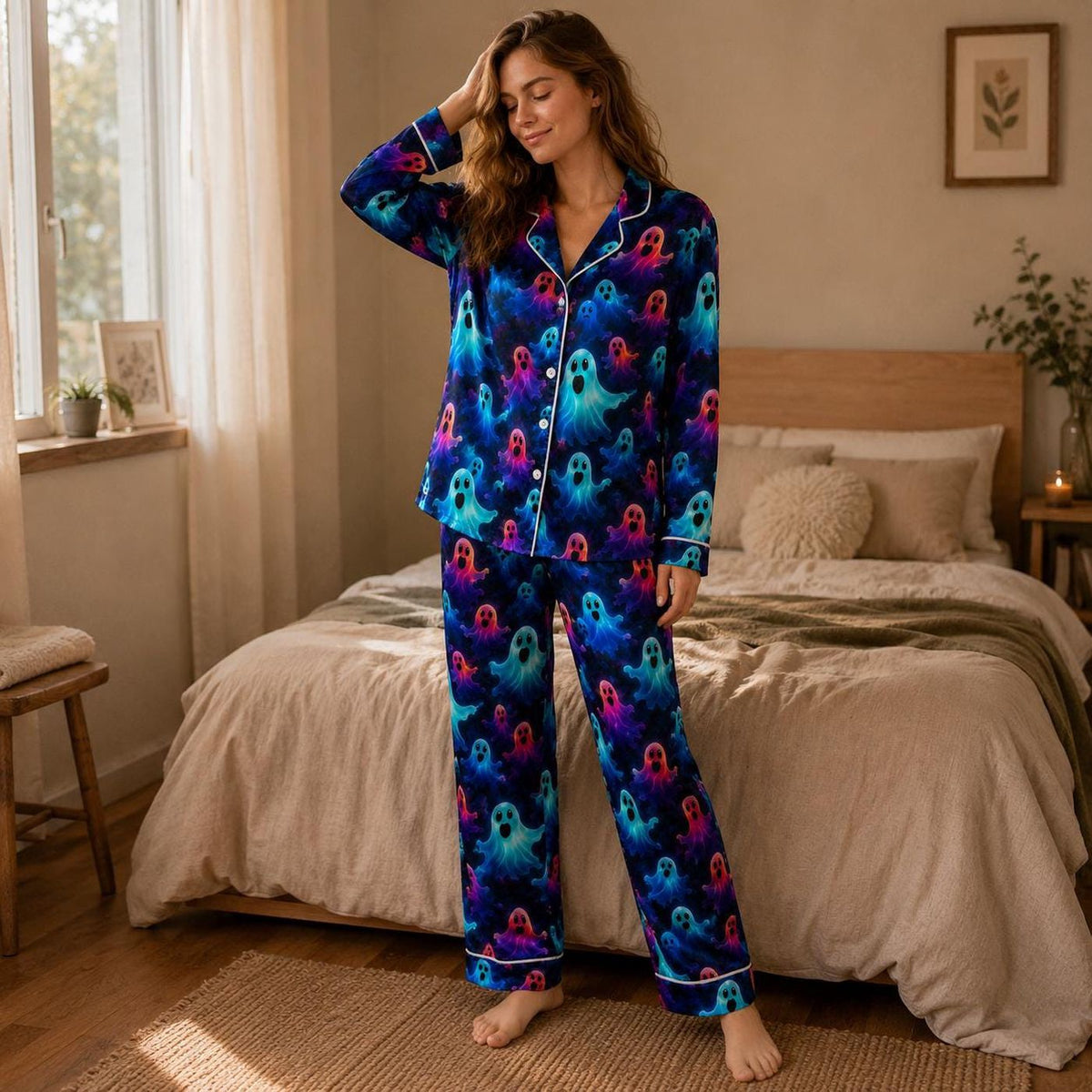 Neon Ghost Halloween Pajama Set Blue Purple Spirit Sleepwear