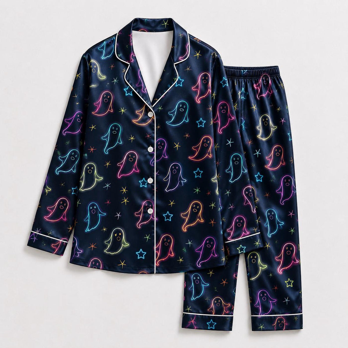 Neon Ghost Satin Pajama Set: Glowing Spirits & Stars Nightwear