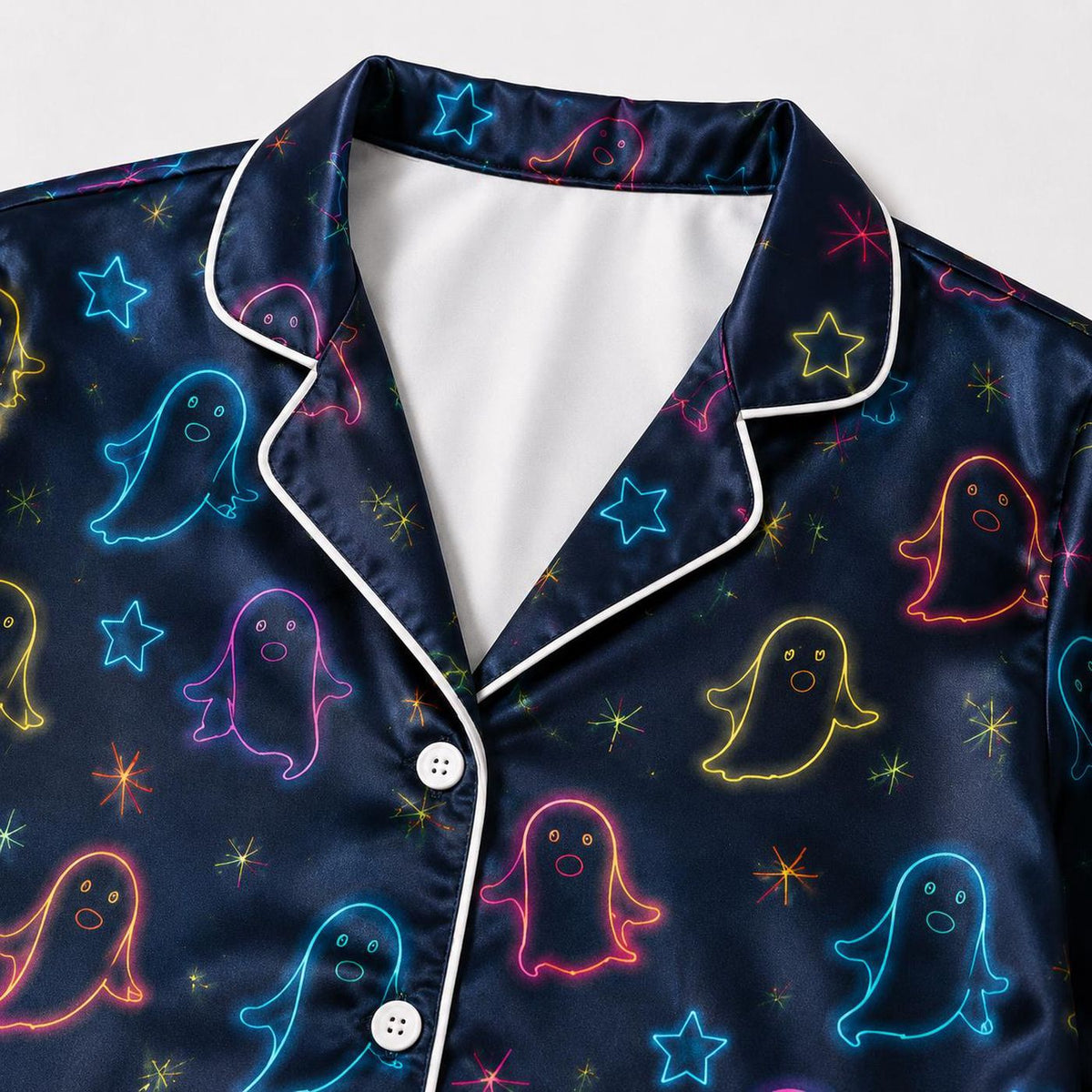 Neon Ghost Satin Pajama Set: Glowing Spirits & Stars Nightwear